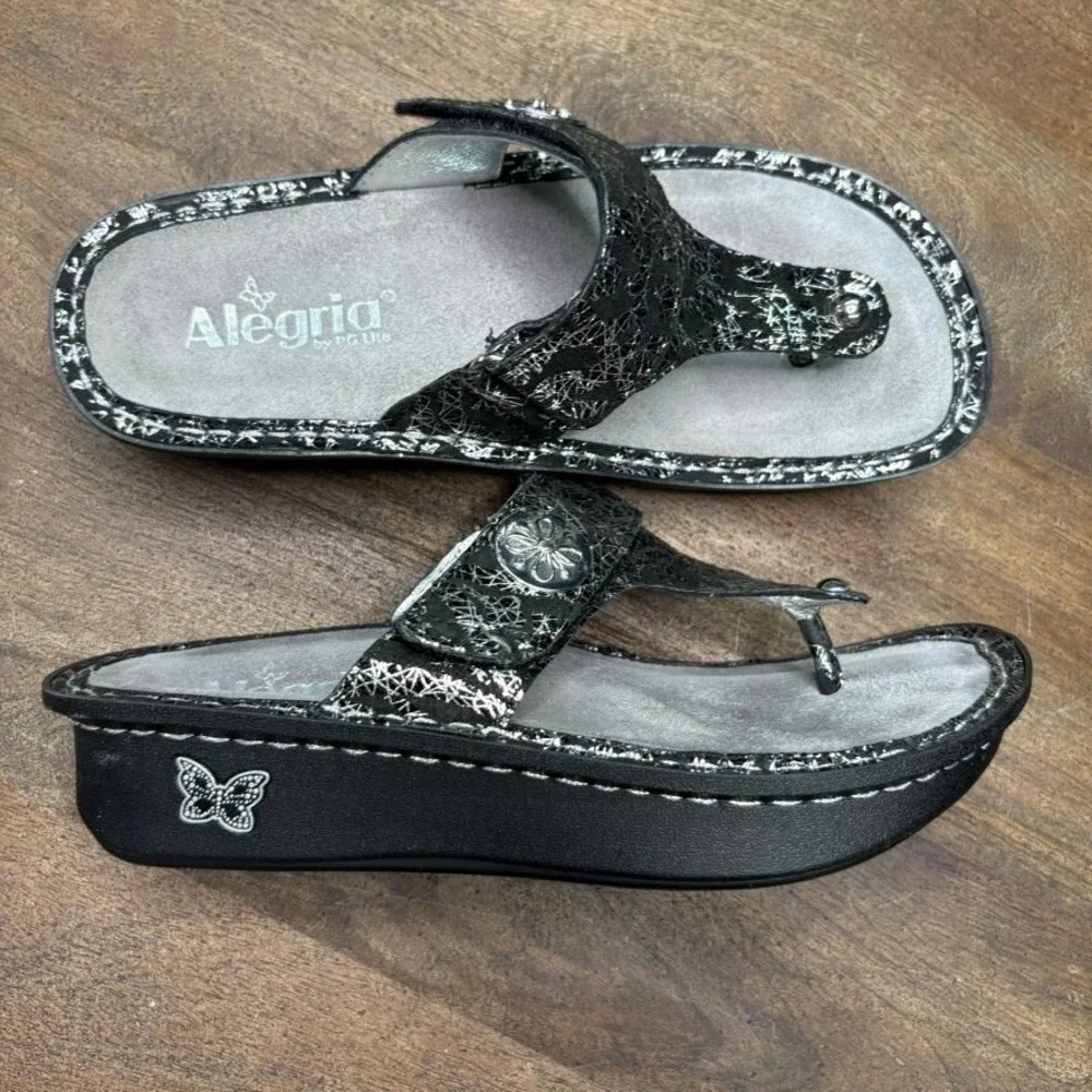 Alegria Sandals EU Size 36 US 6 Black Metallic Leather Arch Support‎
